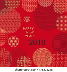 Oriental style, Happy New year 2018 card on red with clipping mask. Chinese, japanese golden flowers,waves patterns, vector template for design poster,web,card 