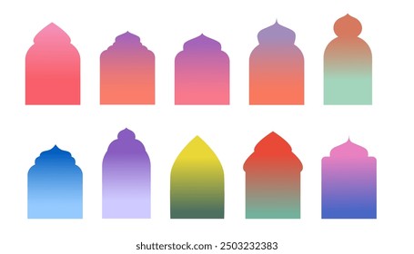 Oriental style Islamic arch. Boho design. Different gradient shapes arab decorative frame. Arabian silhouette arabesque trendy border, contemporary ramadan kareem, eid mubarak modern vector set