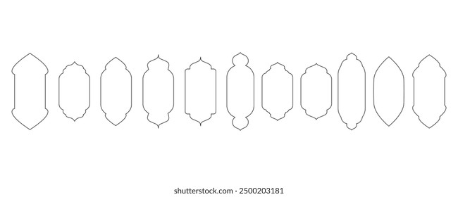 Oriental style Islamic frame. Line boho design. Different shapes arab decorative elements. Arabian silhouette empty arabesque border, ramadan kareem, eid mubarak, vector illustration outline set