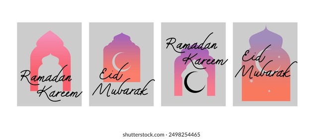 Oriental style Islamic poster. Card design. Different gradient shapes arab decorative frame lettering. Arabian arabesque trendy contemporary ramadan kareem, eid mubarak text modern banner vector set