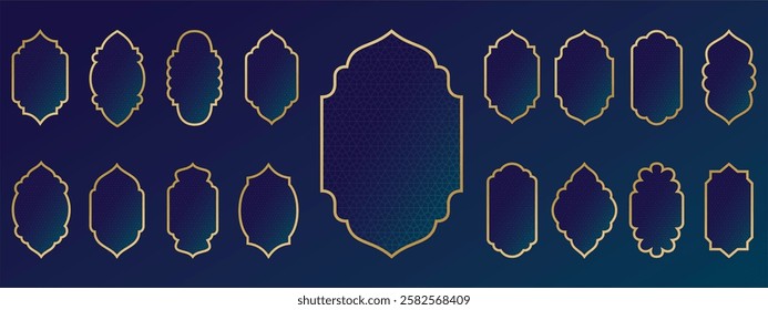 Oriental style Islamic ramadan mubarak shield and arches with modern style design, door mosque, mosque dome and lanterns. Ramadan illustration.