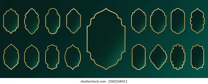 Oriental style Islamic ramadan mubarak shield and arches with modern style design, door mosque, mosque dome and lanterns. Ramadan illustration.