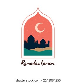 Oriental style Islamic window and arch design with modern boho design, moon, mosque dome. vector eps 10
