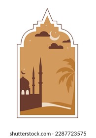 Oriental style Islamic window, arch with modern design, moon, mosque and palm. For islamic holiday. Ramadan traditions. Eid-al-Fitr greeting.