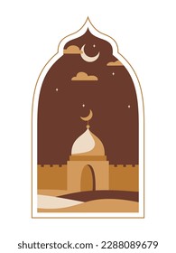 Oriental style Islamic window, arch with moon, mosque and stars. Town in a desert. For islamic holiday. Ramadan traditions. Eid-al-Fitr greeting.