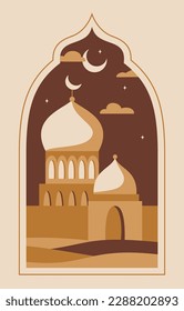Oriental style Islamic window, arch with moon, mosque, fortress and stars. Town in a desert. For islamic holiday. Ramadan traditions. Eid-al-Fitr greeting.