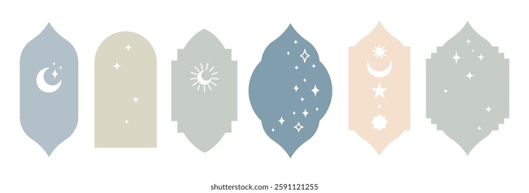 Oriental style Islamic window silhouette set. Arabic arch, moon, door mosque, lantern. Abstract simple vector elements and shapes. Minimalistic flat vector illustration for Ramadan Kareem on white
