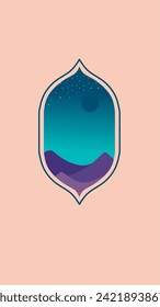 oriental style Islamic windows and arches with modern boho design, moon, mosque dome and lanterns
