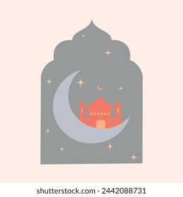 oriental style Islamic windows and arches with modern boho design, moon, mosque dome and lanterns