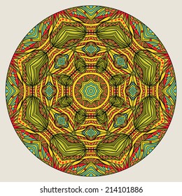 Oriental style mandala. Design element with abstract bright ethnic round pattern. Tribal medallion in stained glass style. Symmetric ornament. Vector file is EPS8, all elements are grouped by colors.