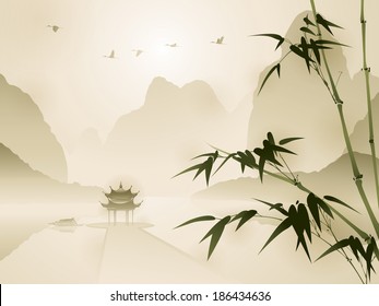 Oriental style painting, Bamboo in a beautiful scene