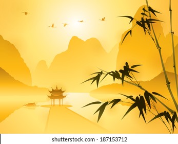 Oriental style painting, Bamboo in sunset scene