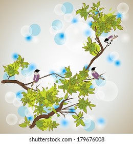 oriental style painting of birds resting on the branches of tree in spring