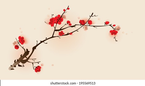 Oriental style painting, plum blossom in spring