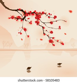 Oriental style painting, plum blossom above the water with birds drinking water in Spring. Vectorized brush painting.
