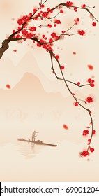 oriental style painting, plum blossom in spring