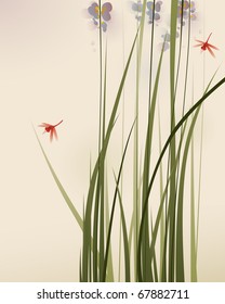 oriental style painting, tall grasses and flowers