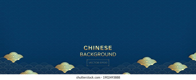 Oriental style pattern on blue banner background with golden waves at lower border