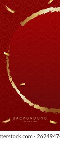Oriental style red vertical banner, Chinese new year background with wave pattern, golden round frame and confetti decoration, vector design