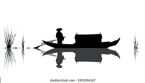 Oriental style sceen, boat and man. Vector illustration.