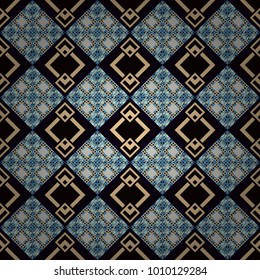 Oriental style. Seamless geometric vector pattern in black, beige and blue colors.