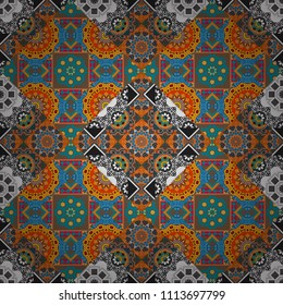 Oriental style. Seamless geometric vector pattern in brown, blue and orange colors.