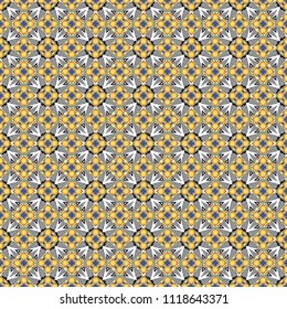 Oriental style. Seamless geometric vector pattern in blue, yellow and gray colors.