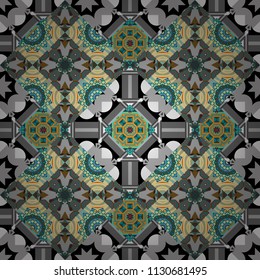 Oriental style. Seamless geometric vector pattern in gray, blue and green colors.