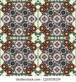 Oriental style. Seamless geometric vector pattern in green, brown and gray colors.