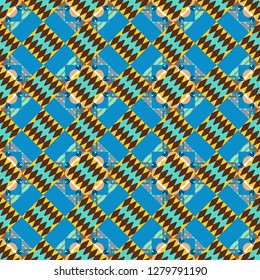 Oriental style. Seamless geometric vector pattern in blue, yellow and brown colors.