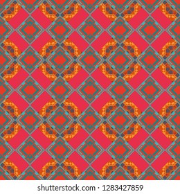 Oriental style. Seamless geometric vector pattern in blue, beige and red colors.