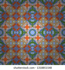 Oriental style. Seamless geometric vector pattern in orange, blue and beige colors.