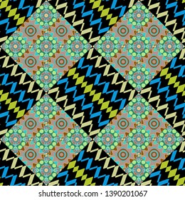 Oriental style. Seamless geometric vector pattern in black, green and brown colors.