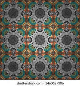 Oriental style. Seamless geometric vector pattern in brown, blue and gray colors.