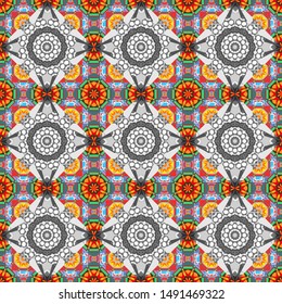 Oriental style. Seamless geometric vector pattern in blue, gray and brown colors.