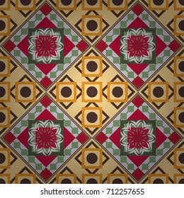 Oriental style. Seamless geometric vector pattern in neutral, red and yellow colors.
