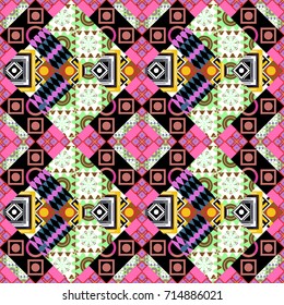 Oriental style. Seamless geometric vector pattern in black, pink and white colors.
