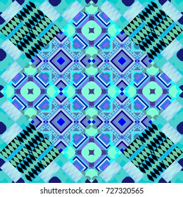 Oriental style. Seamless geometric vector pattern in blue, black and green colors.