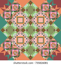 Oriental style. Seamless geometric vector pattern in pink, brown and green colors.