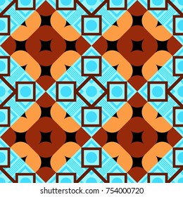 Oriental style. Seamless geometric vector pattern in brown, orange and blue colors.