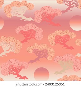 Oriental style seamless pattern with cherry trees blossom and ombre in trendy color of the year. Nature design for create textile, wallpaper, wall panel, poster, bedding, organic package, decorations