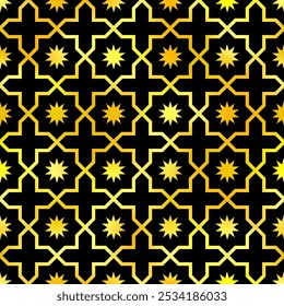 Estilo oriental padrão sem emenda. Ornamento de ouro de folha de vetor em fundo preto. Textura tradicional islâmica para fundos abstratos, papéis de parede, padrões têxteis, decoração