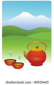 Oriental style teapot and mountain background