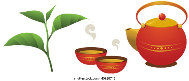 Oriental style teapot and two tea cups with c�hina tea
