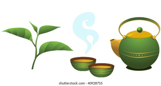 Oriental style teapot and two tea cups with c�hina tea