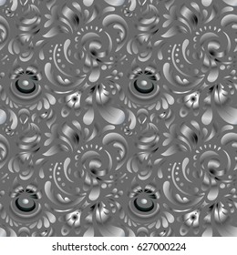 Oriental style. Vector vintage floral ornament. Design for fabric, wallpaper, background, invitation, wrapping and book covers. Damask seamless pattern in gray and white colors. Hand drawn sketch.