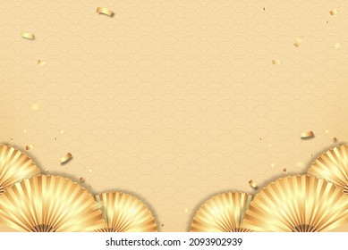 Oriental style wave pattern background with golden folding fans and confetti at borders