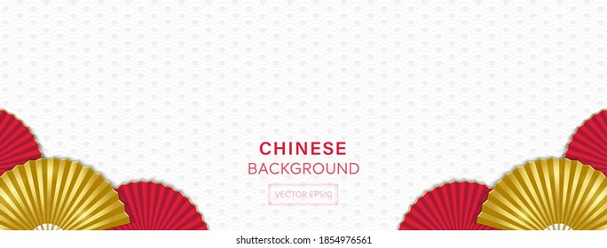 Oriental style white gray wave pattern banner background with red and gold Chinese fans at borders