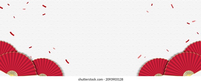 Oriental style white gray wave pattern banner background with red folding fans at borders
