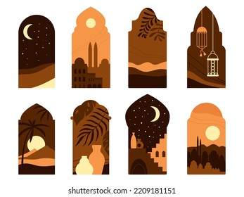 Oriental style windows with moon, mosque domes and plants. Islamic architecture decorative design. Arabic doors silhouettes, boho decent vector elements